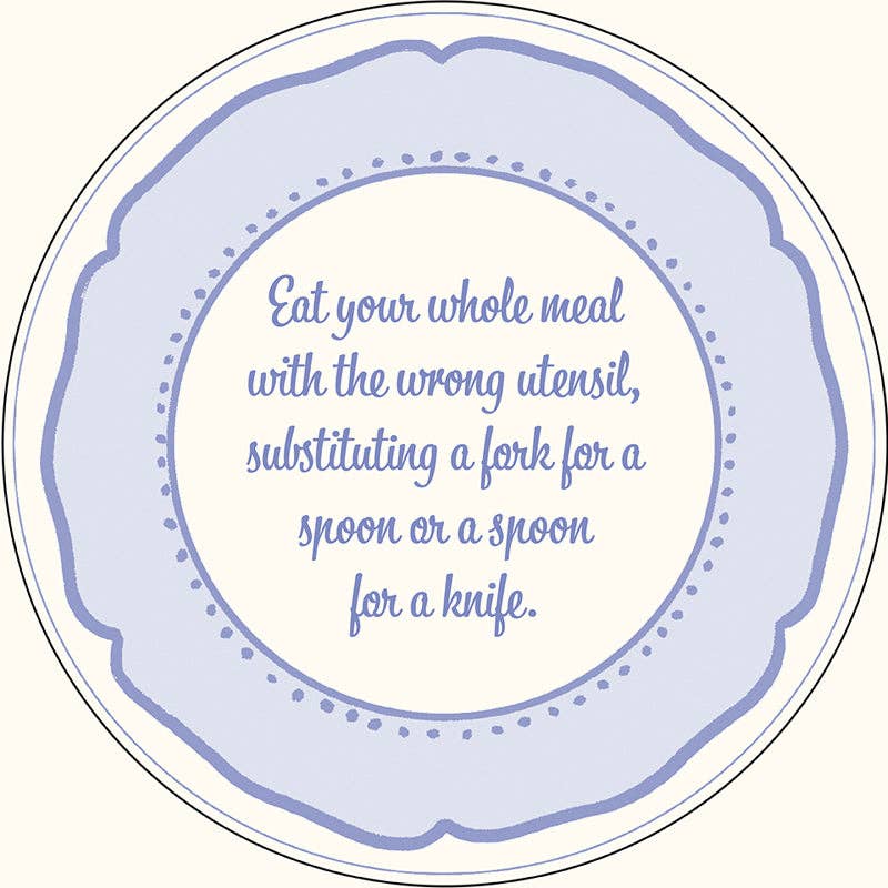 Round plate with purple rim and humorous text message on a white background