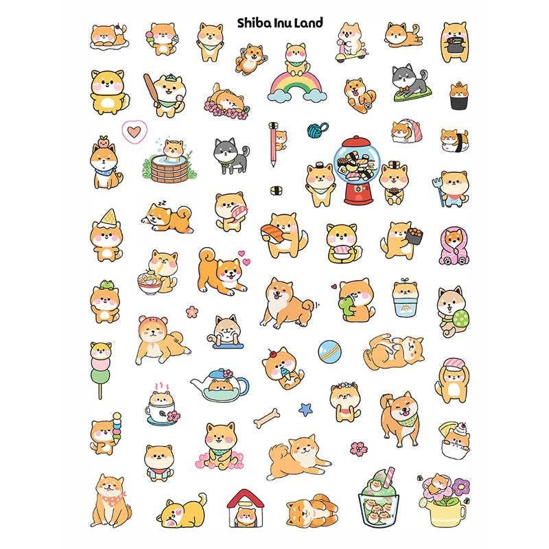 Collection of cute Shiba Inu dog illustrations with various poses and activities on a white background.