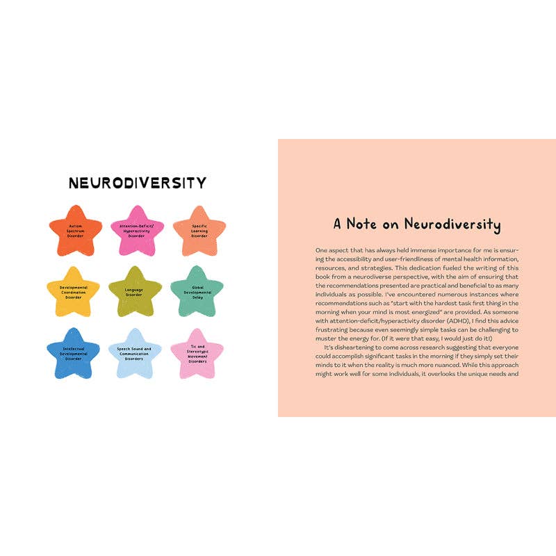 Colorful star-shaped icons with labels on a white background, accompanied by text on neurodiversity.