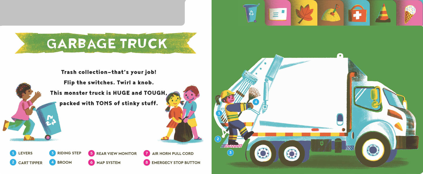 Children's book page about a garbage truck with illustrations and text.