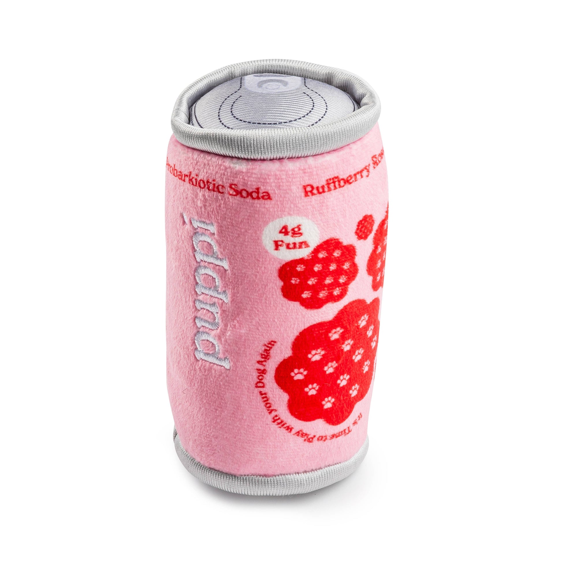 Pink plush toy resembling a Poppi  soda can with paw prints and text on a white background