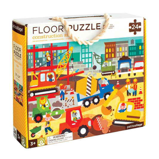 Box of a construction-themed floor puzzle with colorful illustrations on a white background