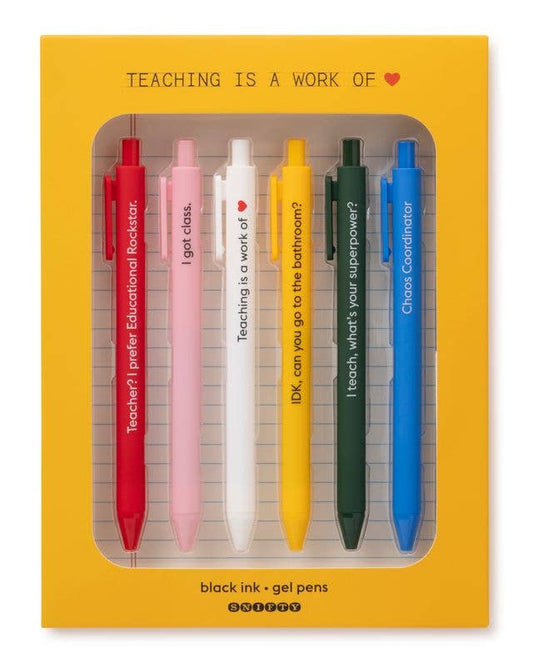 Set of six colorful pens in a yellow packaging with text, on a white background.