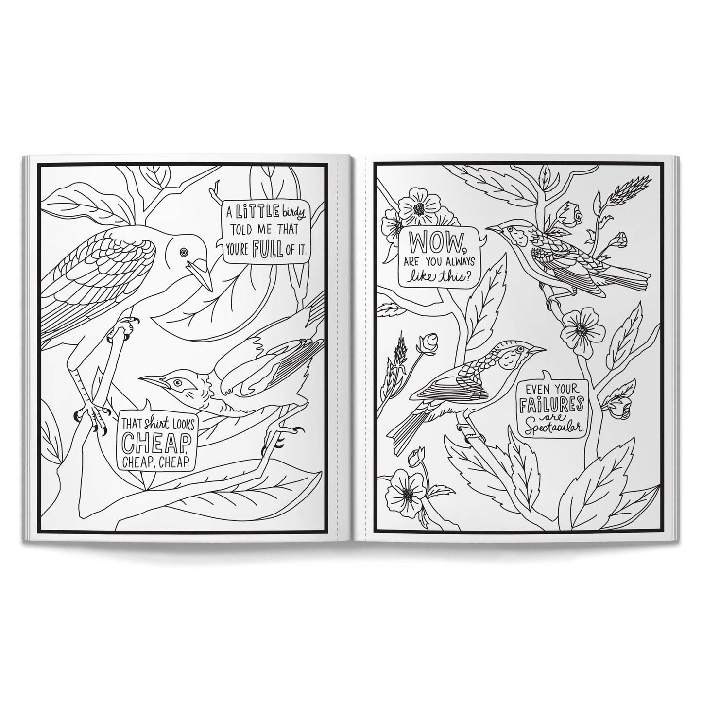 Coloring book pages with birds and snarky text on a white background