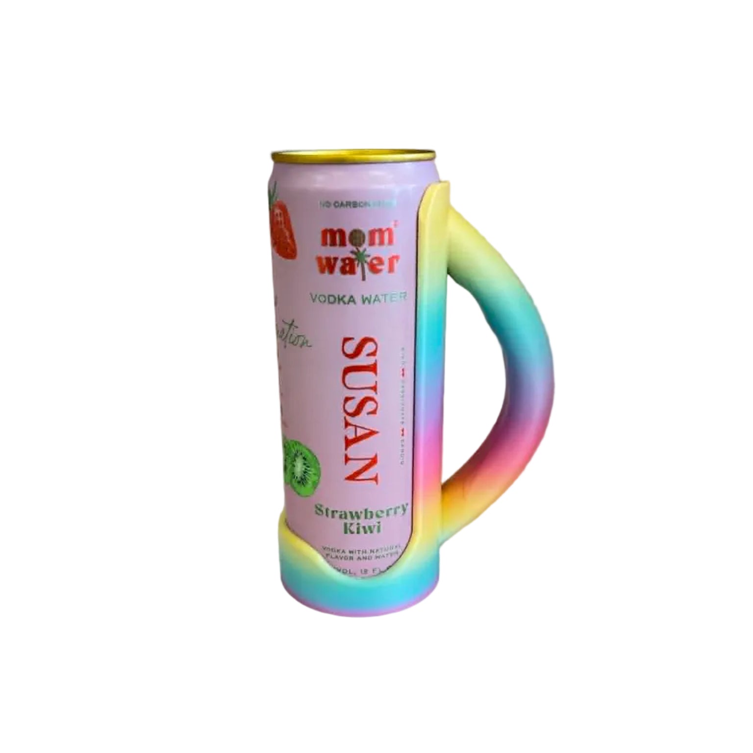 Can of 'Mom Water' with a rainbow handle on a wooden surface