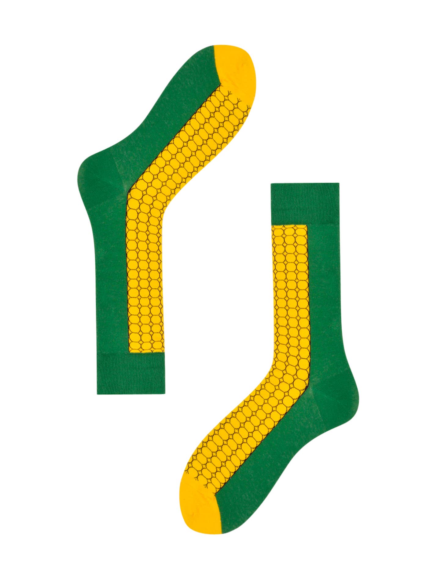 Green socks with yellow corn pattern on a white background