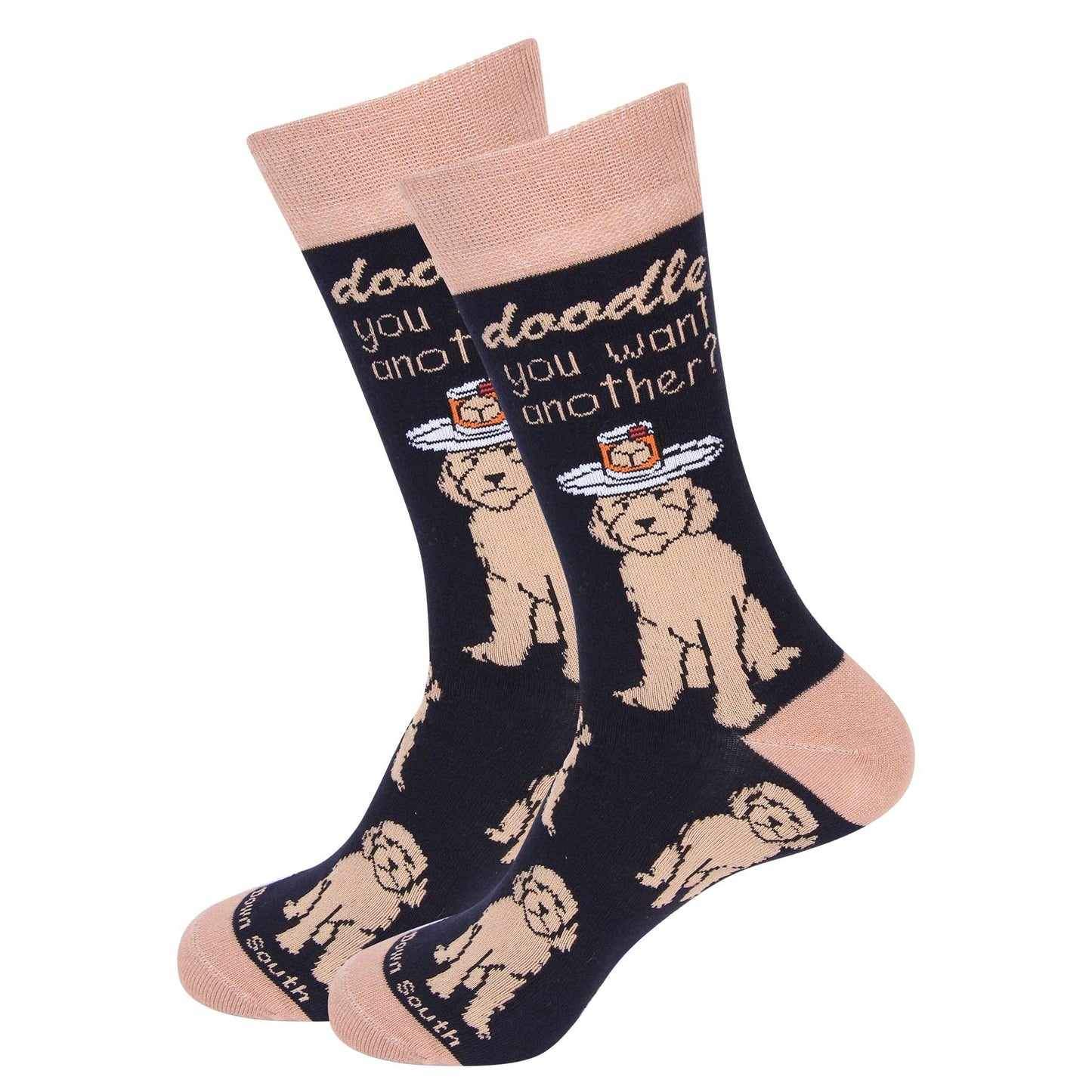 Pair of socks with doodle dog holding a tray with a rocks glass on its head and text reading "Doodle you want another?" on a white background