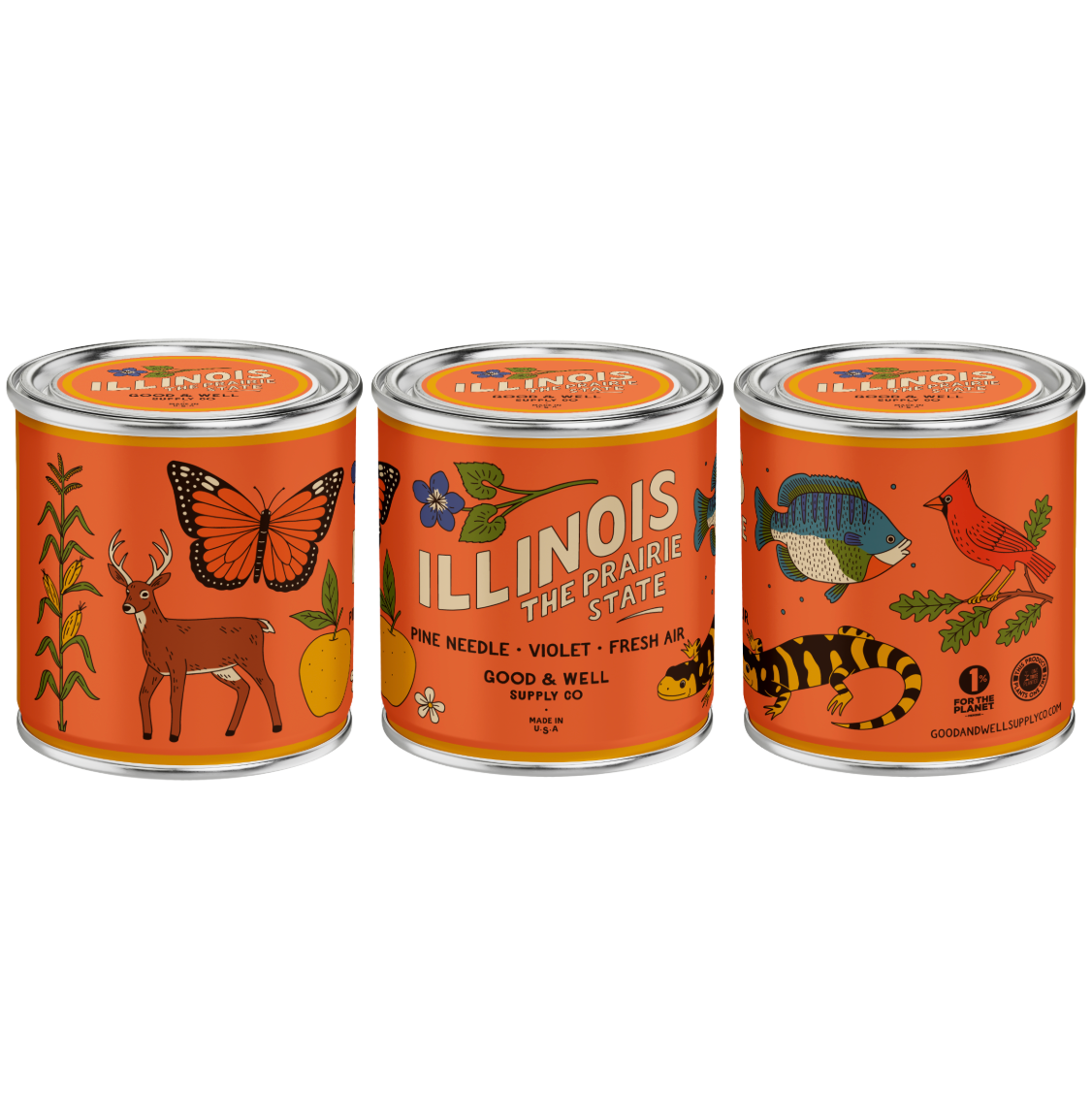 Three cans of 'Illinois The Prairie State' with nature-themed illustrations on an orange background.