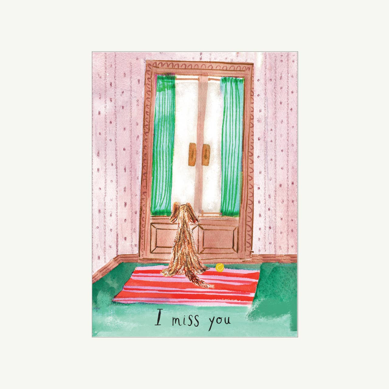 Illustration of a person sitting on a rug in front of a door with 'I miss you' text.