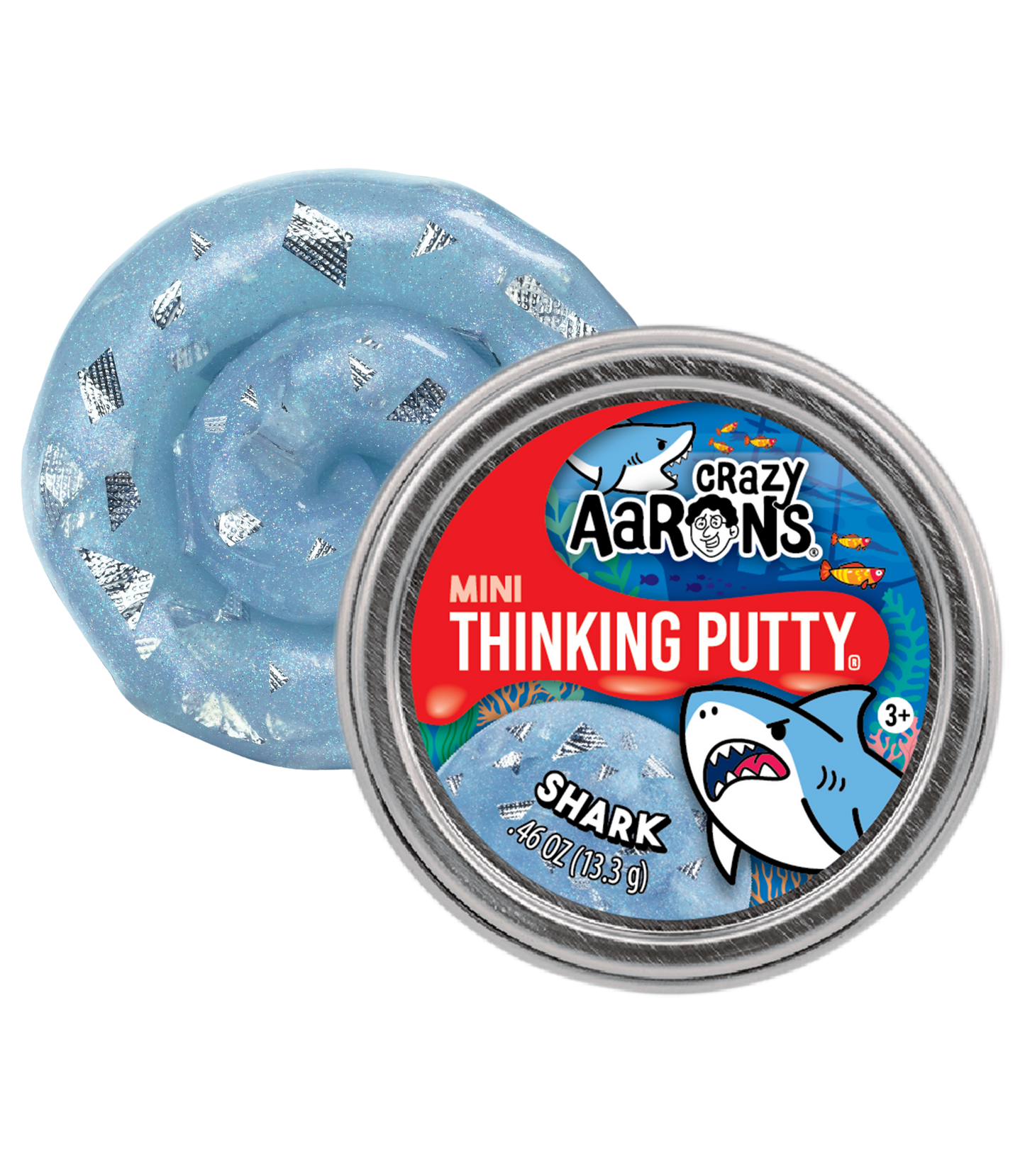 Crazy Aaron's Mini Shark Thinking Putty container with light blue putty on a white background