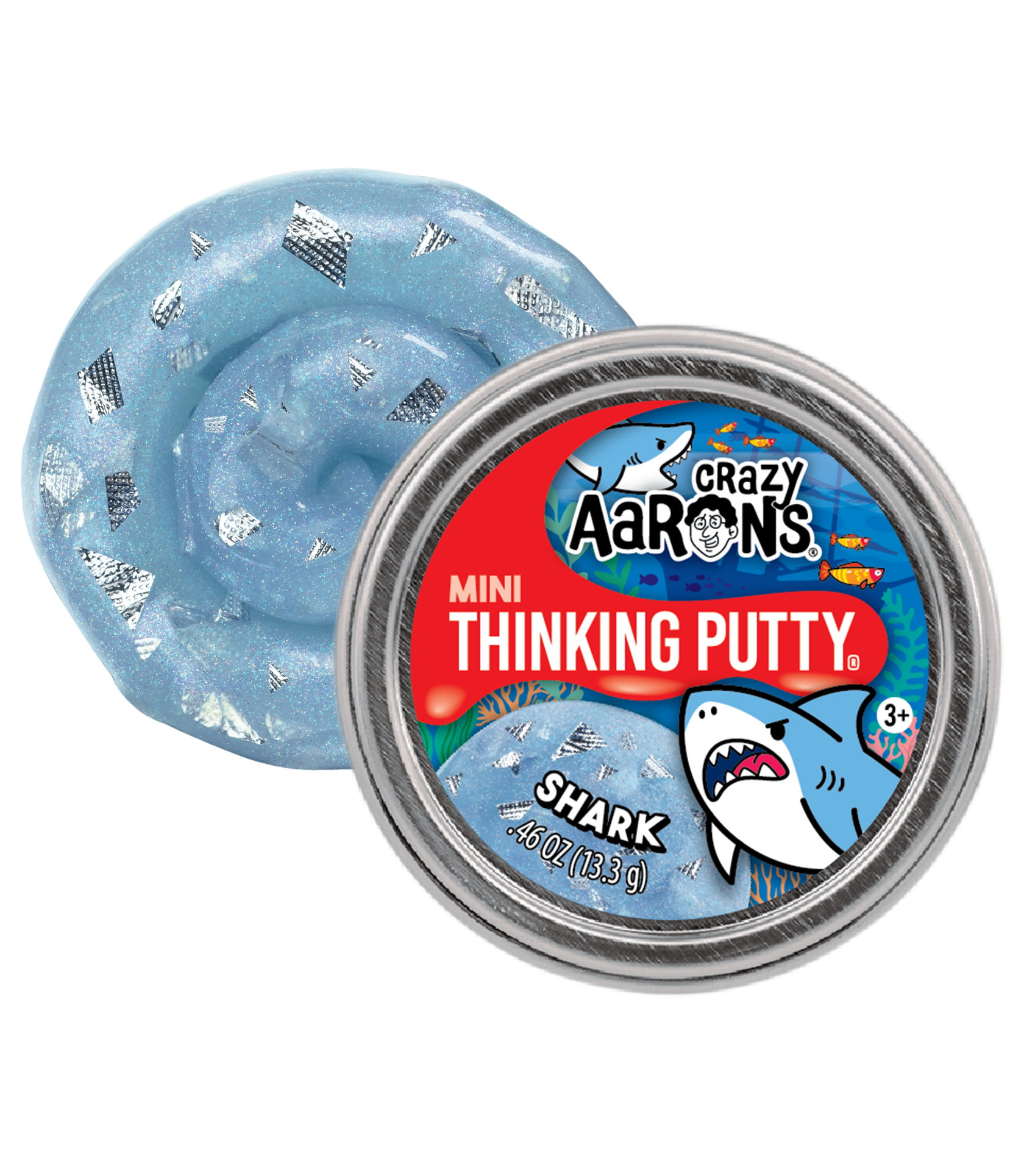 Crazy Aaron's Mini Shark Thinking Putty container with light blue putty on a white background