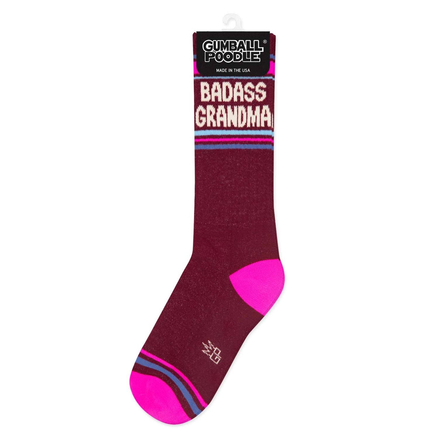 Maroon sock with pink accents and 'Badass Grandma' text on a white background