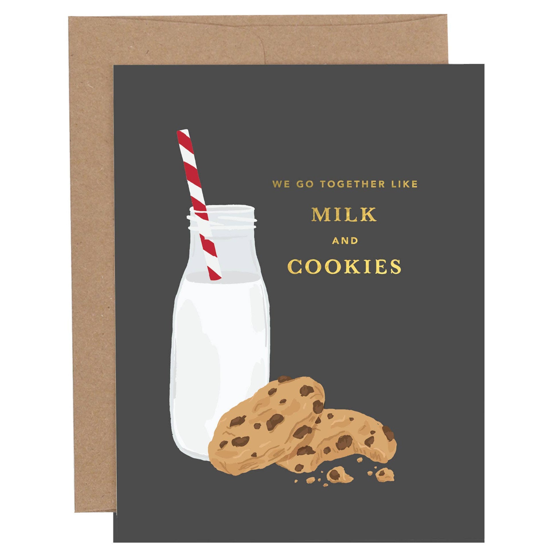 Greeting card with illustration of a milk bottle and cookies on a dark background