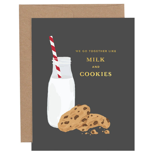 Greeting card with illustration of a milk bottle and cookies on a dark background
