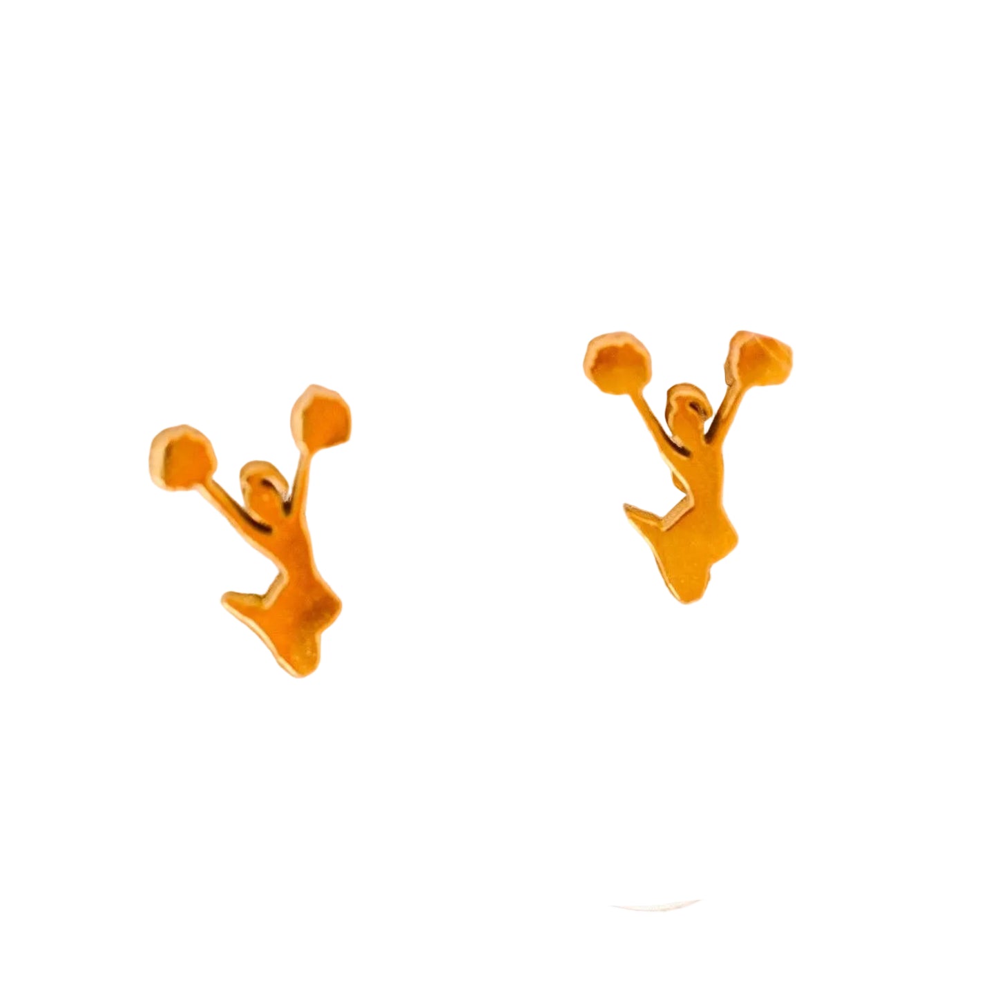 Gold stud earrings shaped like a jumping cheerleader on a white background