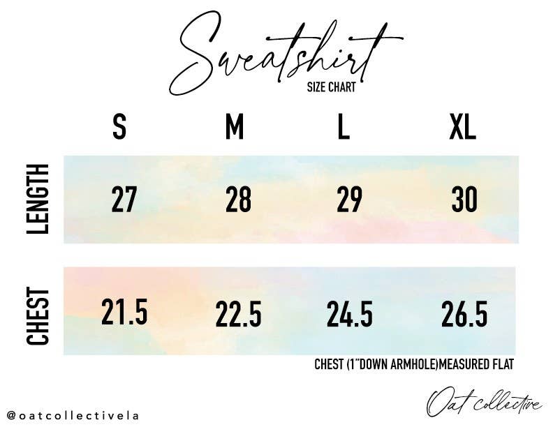 Sweatshirt size chart with length and chest measurements on a white background