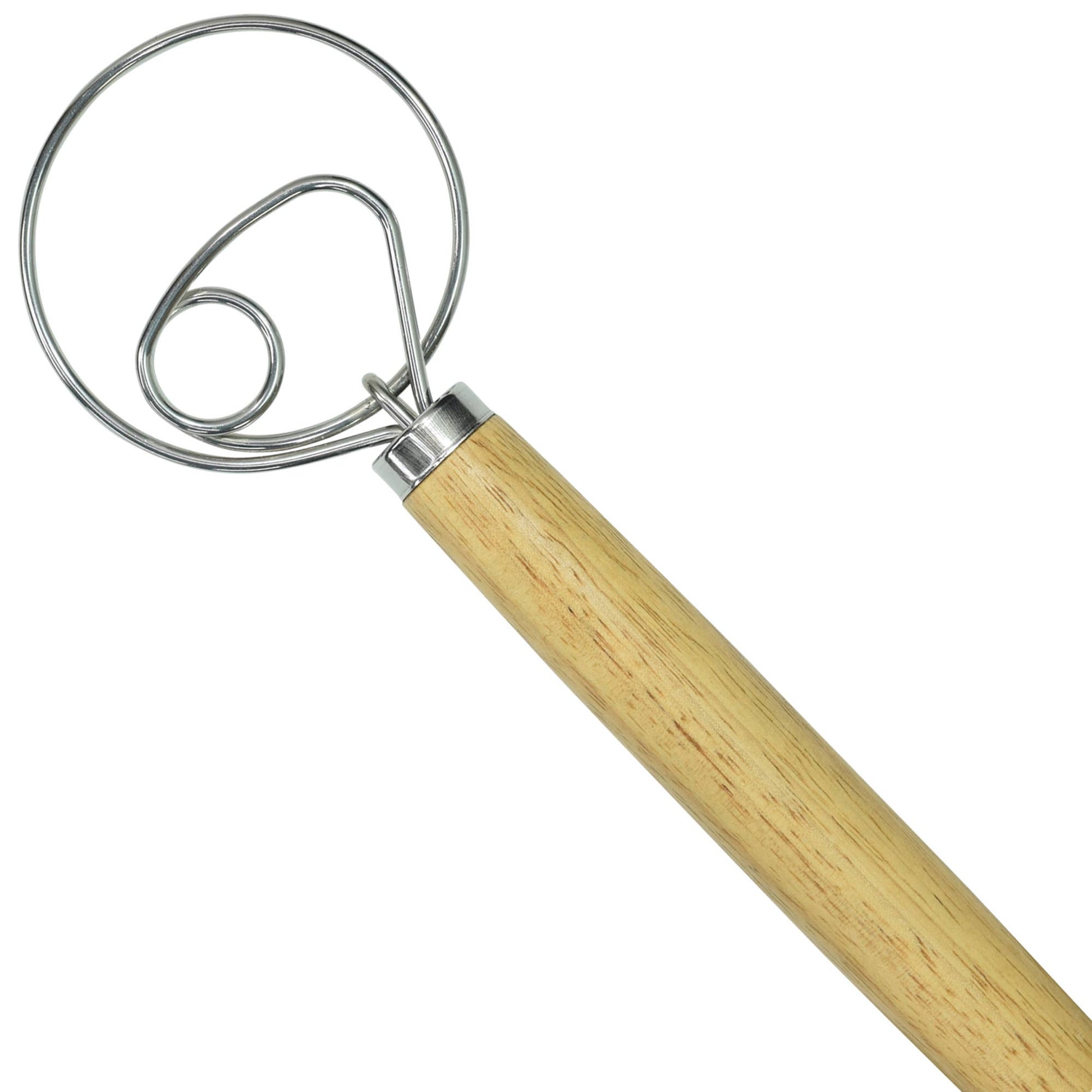 Metal dough whisk with wooden handle on a white background