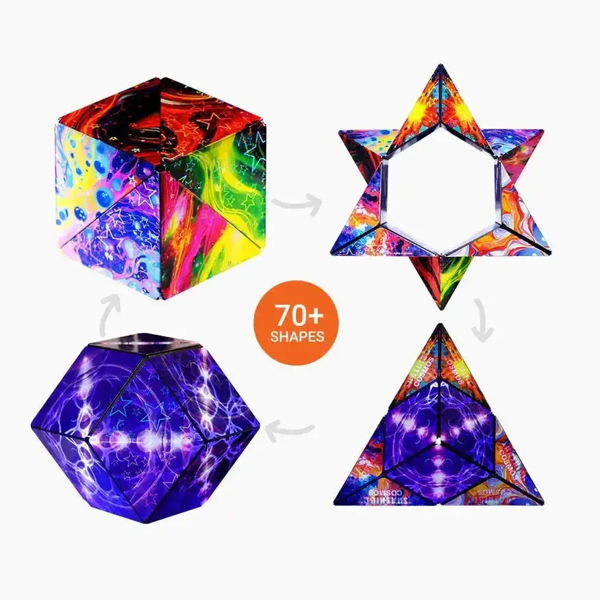 Colorful geometric shapes with a star of David and polyhedron forms on a white background.