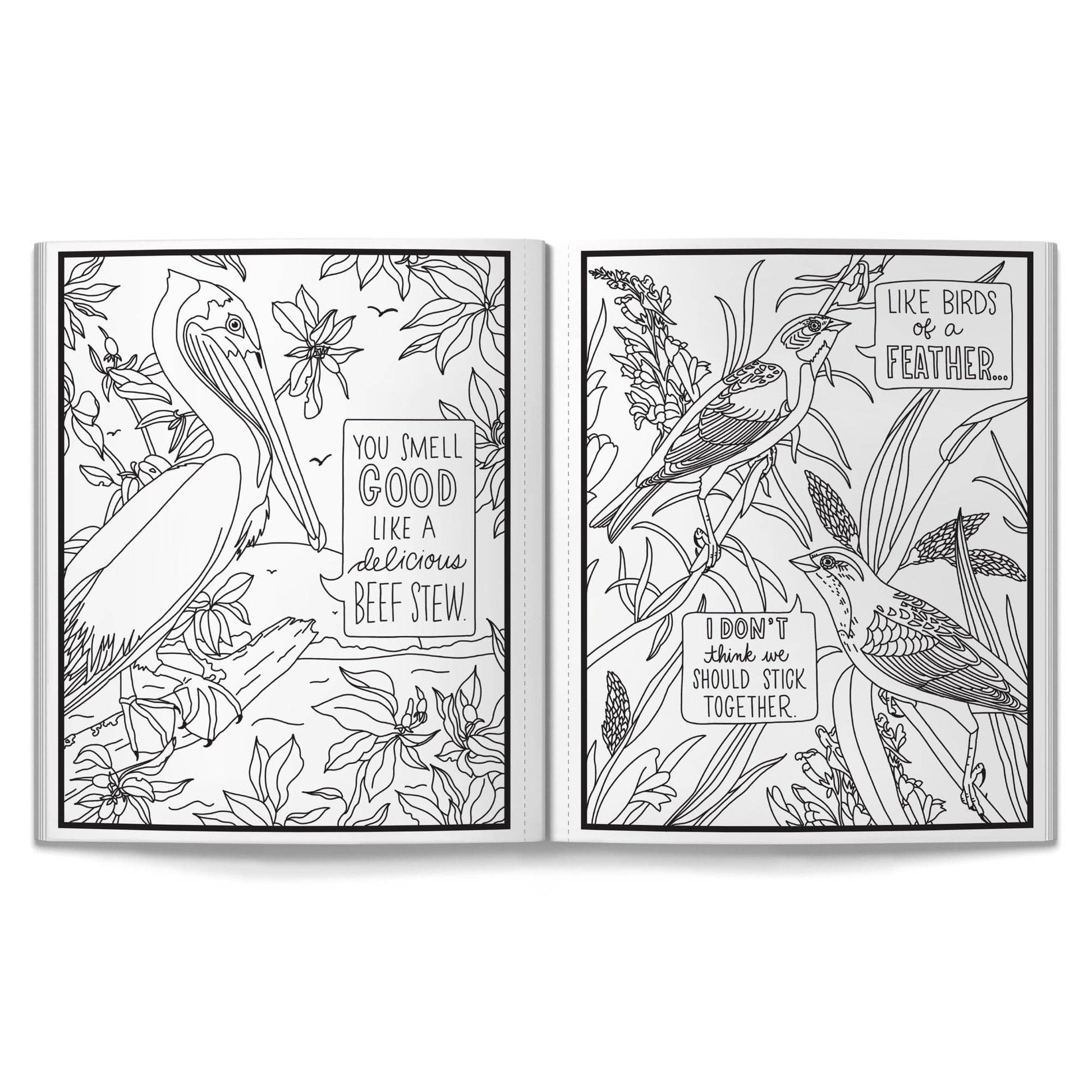 Two coloring book pages with birds and text in a nature setting.