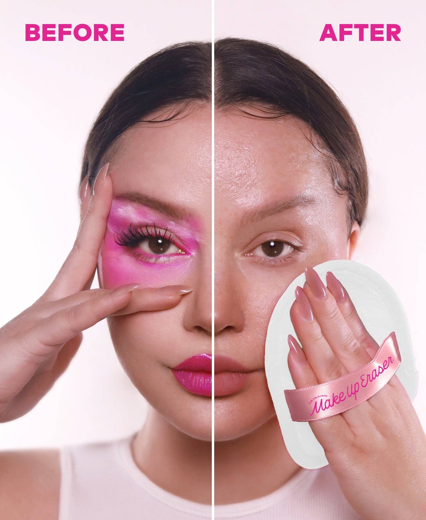 Before and after comparison of a woman's face with pink makeup, using a 'Makeup Eraser' product.