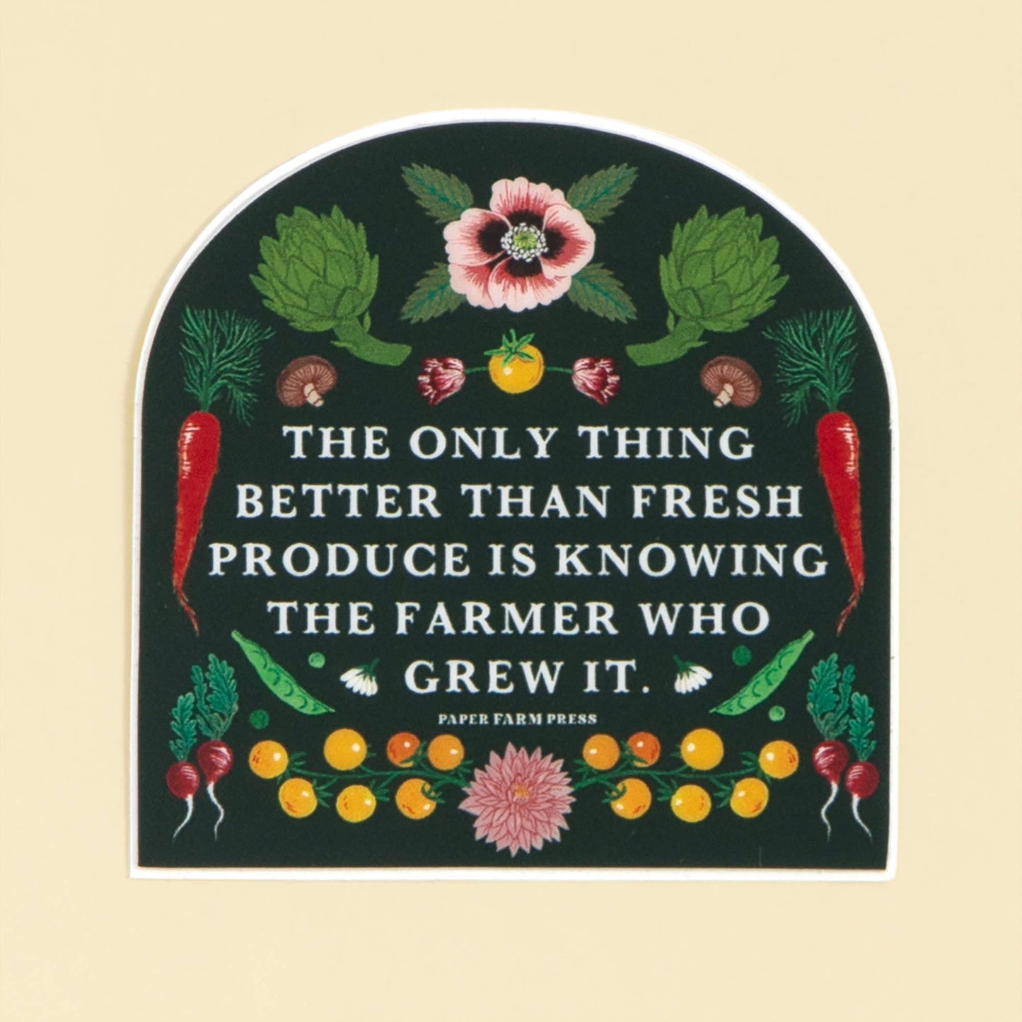 Decorative sign with fresh produce illustrations and a quote on a beige background