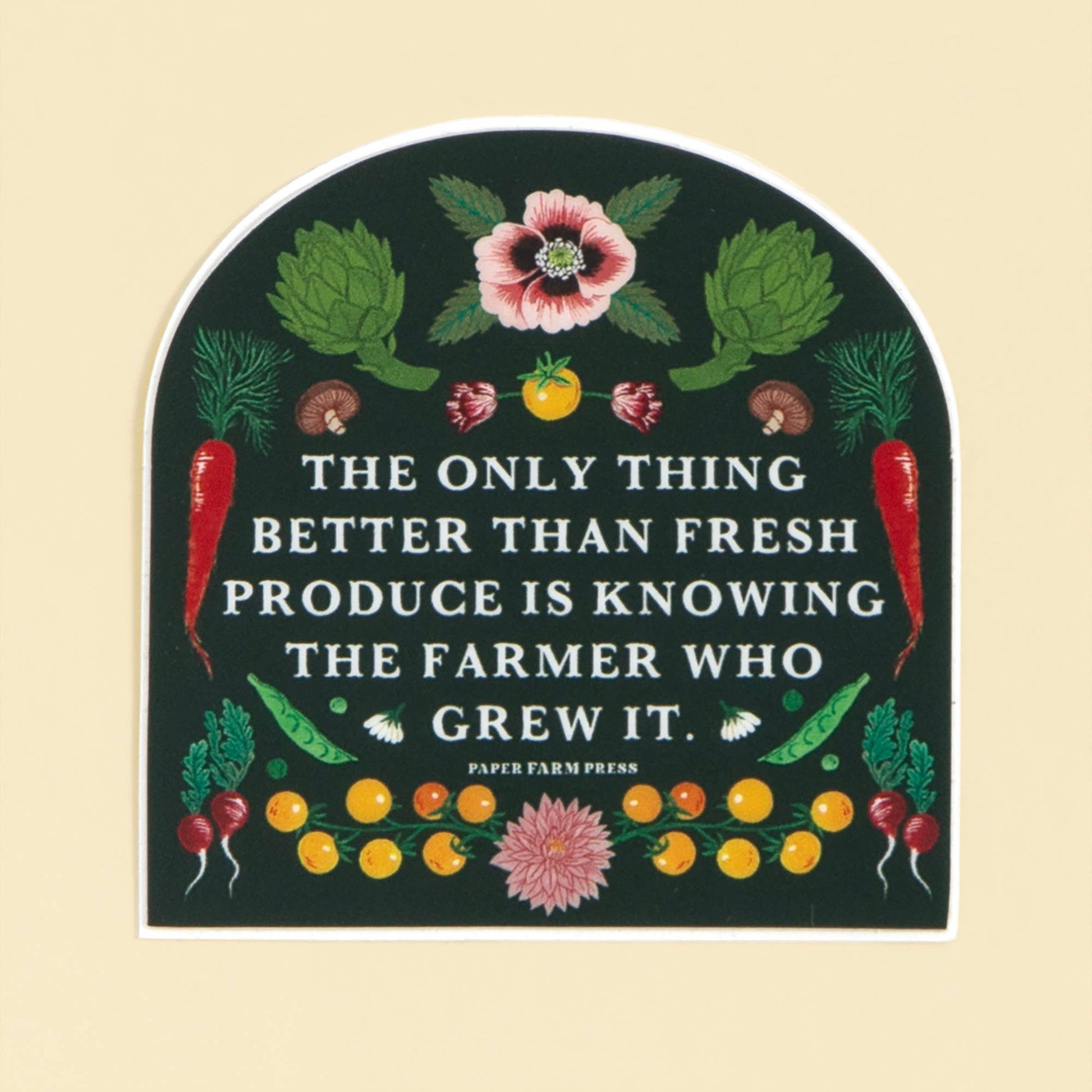 Decorative sign with fresh produce illustrations and a quote on a beige background