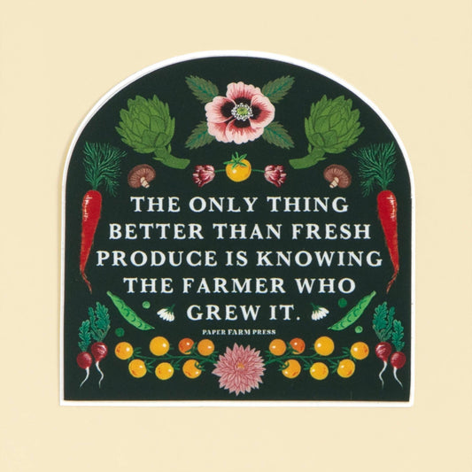 Decorative sign with fresh produce illustrations and a quote on a beige background