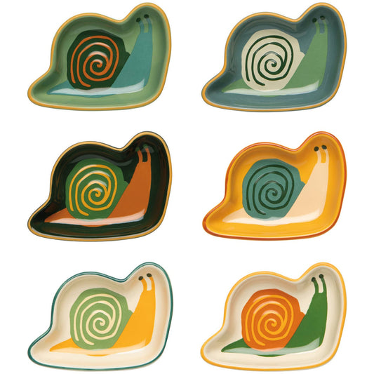 Set of six snail-shaped ceramic plates with spiral shells on a white background