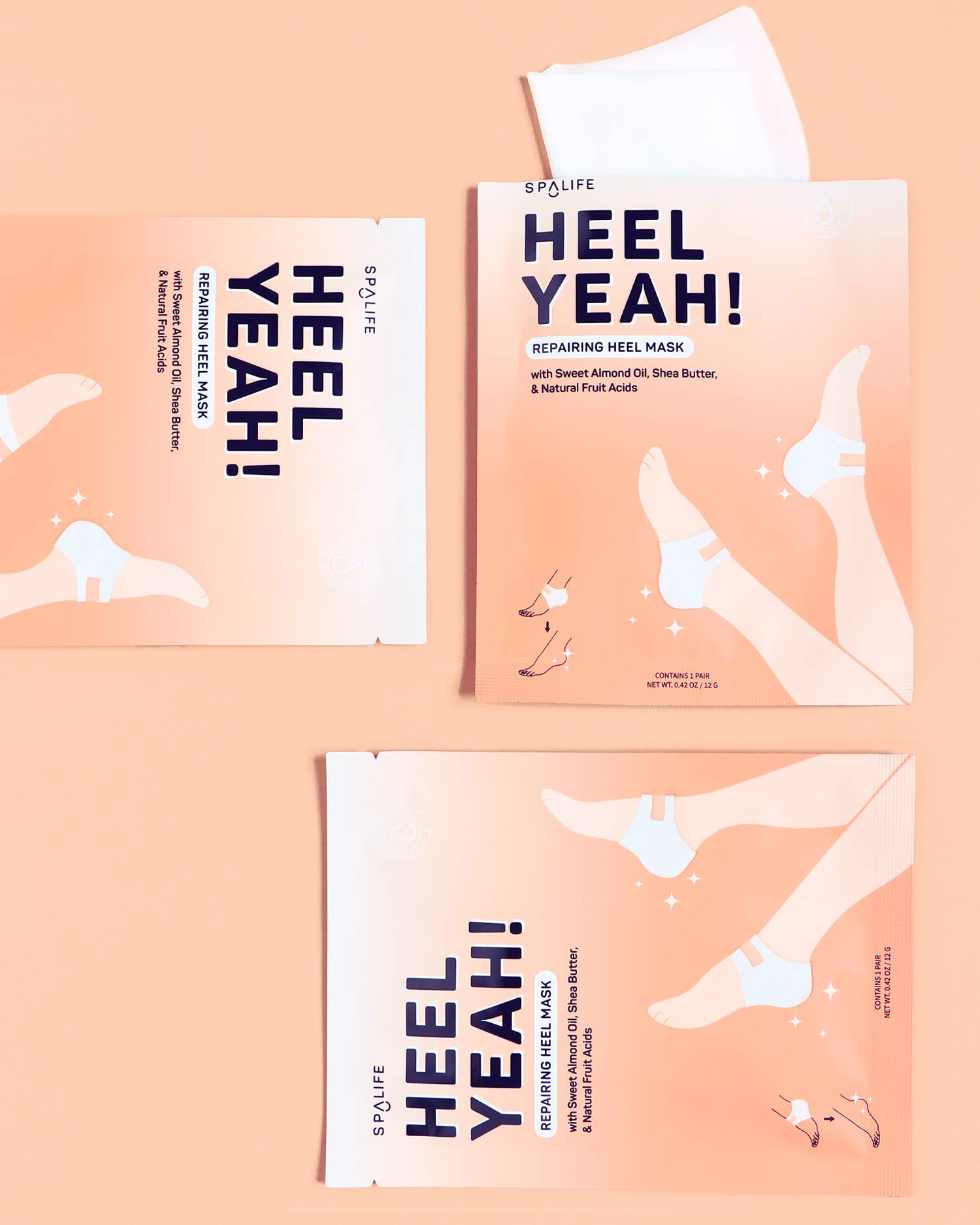Three 'HEEL YEAH!' repair heel masks on a peach background