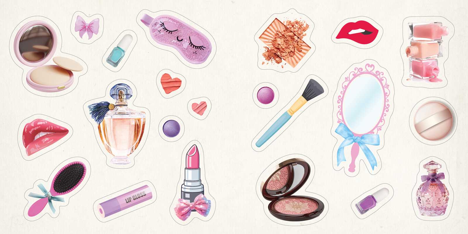 Collection of cosmetic-themed stickers on a white background