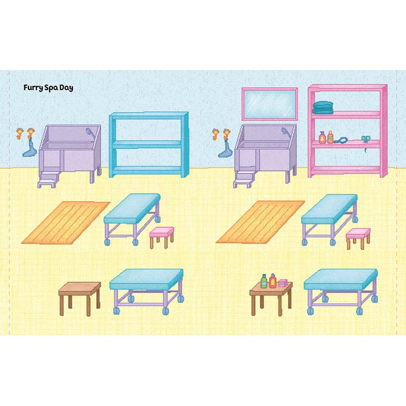 Colorful illustration of a spa room layout with various furniture and items.