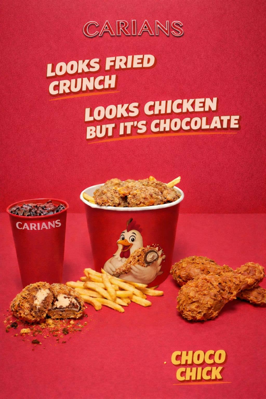 Promotional image of Carians Choco Chick with text on a red background