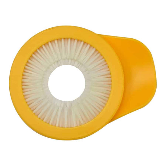 Yellow filter housing with a white filter inside on a white background