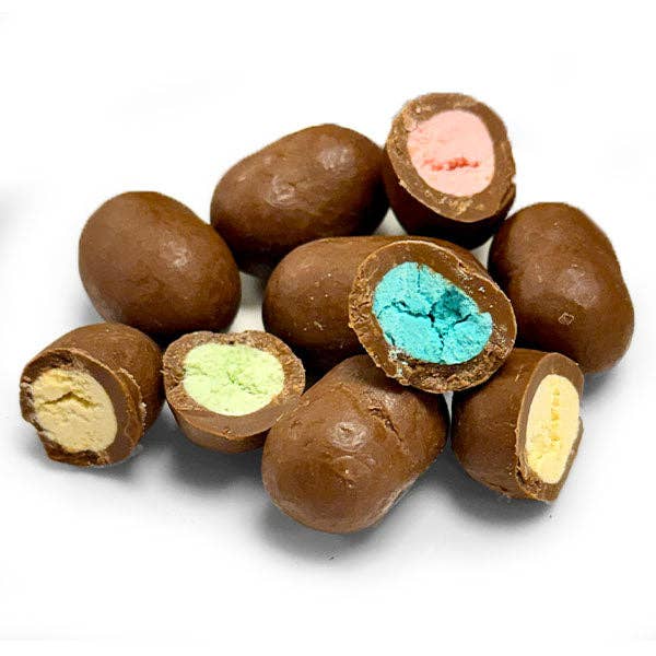 close up of the multi colored chocolate coated candies against a white background