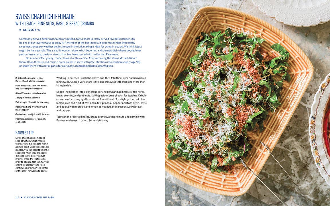 Swiss Chard Salad with Lemon, Pine Nuts, Basil, and Bread Crumbs in a woven basket on a stone surface.