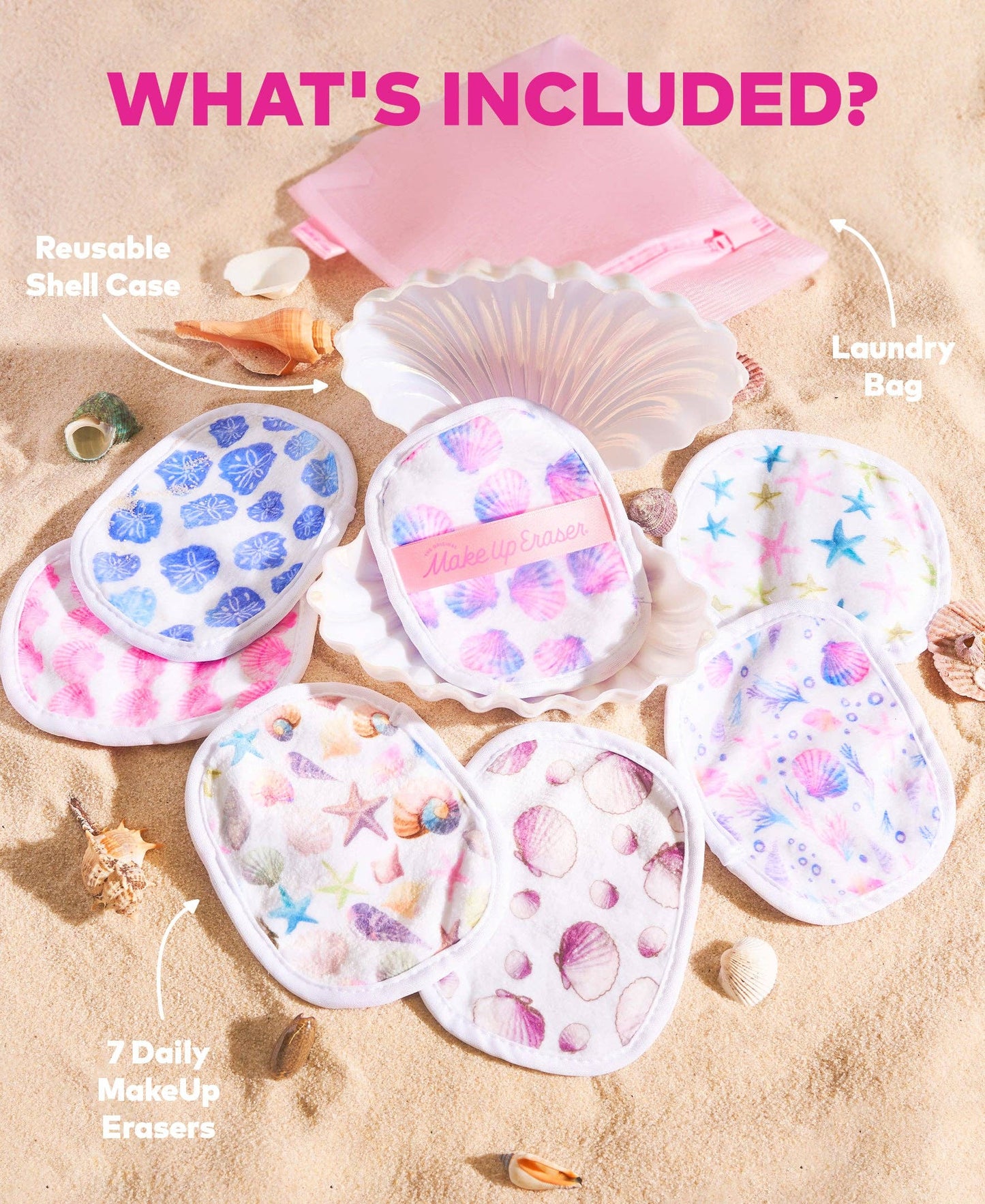 Makeup erasers in shell cases with a laundry bag on sand, labeled 'What's Included'.