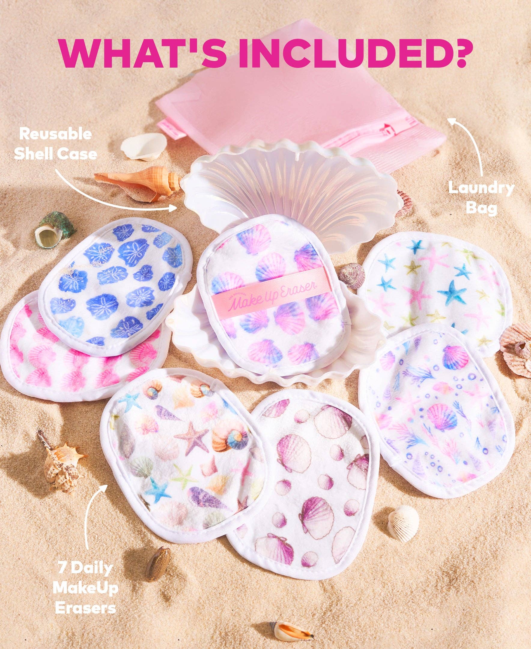 Makeup erasers in shell cases with a laundry bag on sand, labeled 'What's Included'.
