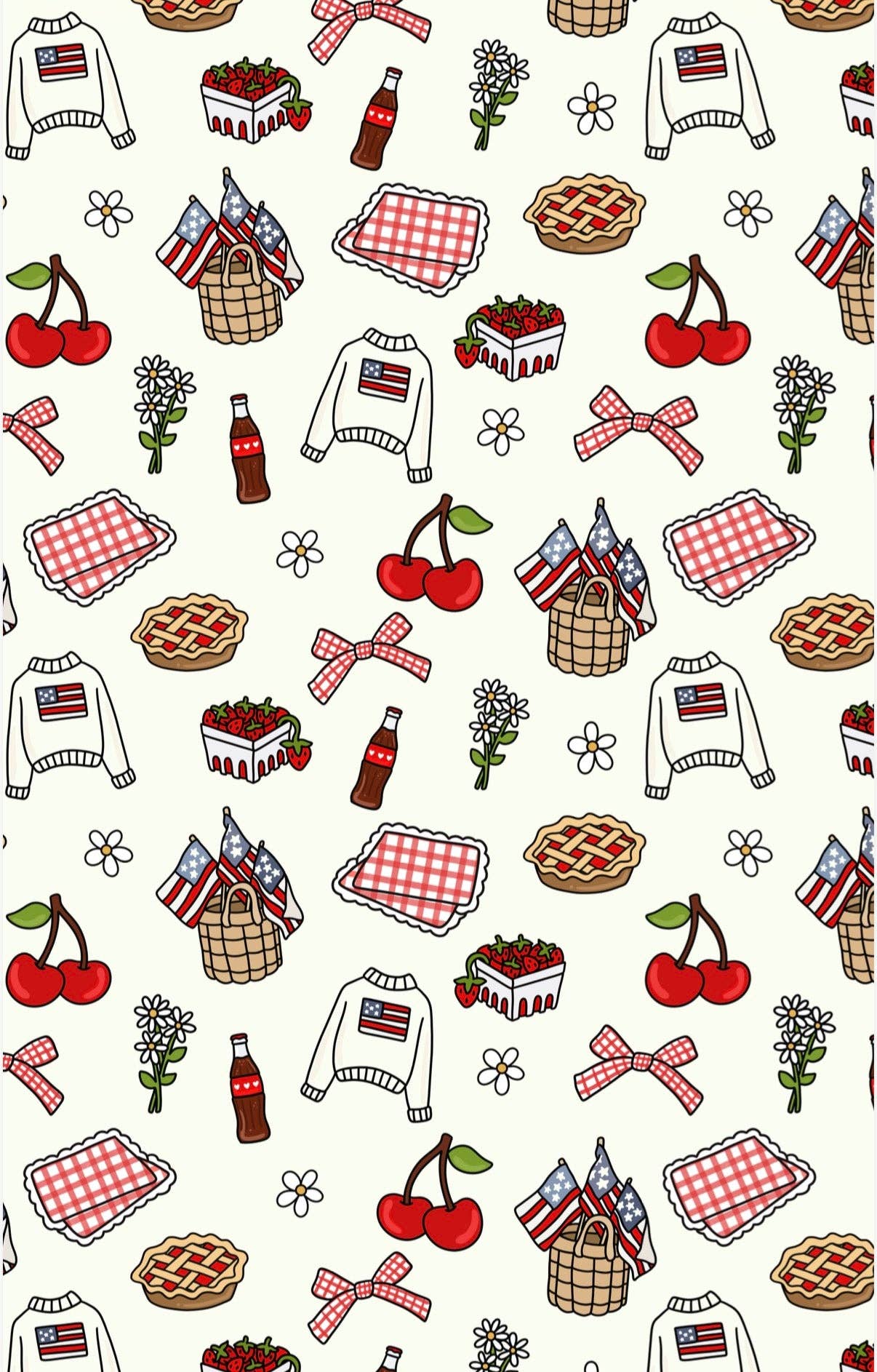 Pattern of picnic-themed illustrations including pies, cherries, and flags on a white background.