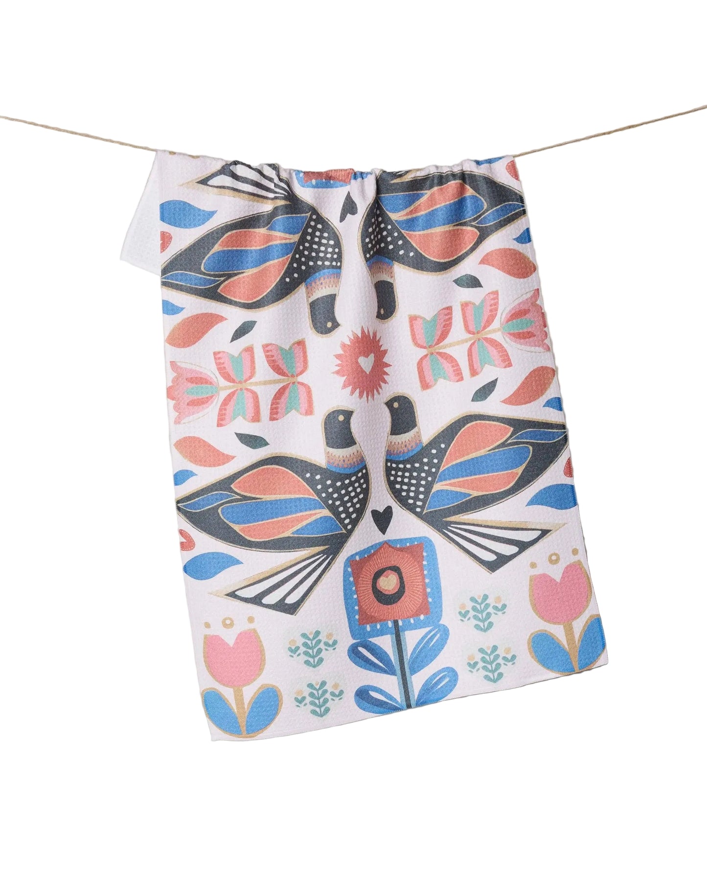 White tea towel with symmetrical pink, blue, gold, and dark grey birds and flowers design 