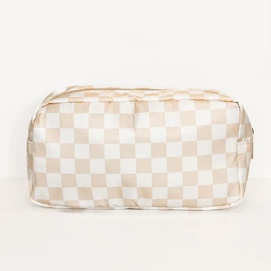 Cream and White Checkered Makeup Bag-Medium