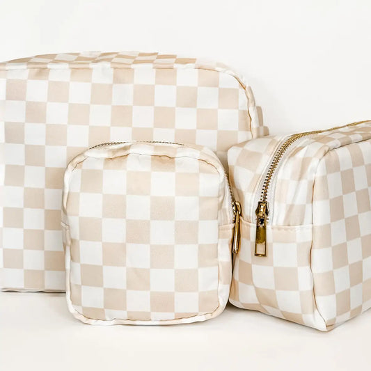 White and Cream Checkered Makeup Bag-Small