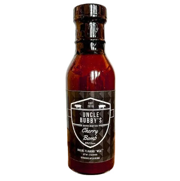 Uncle Bubby's Handcrafted Cherry Bomb BBQ sauce in a 6 oz glass bottle on a white background