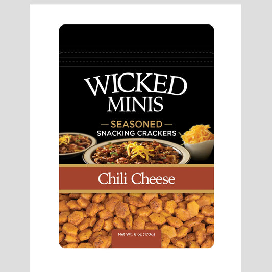 package design of Wicked Minis' seasoned snacking crackers chili cheese flavored on a white background