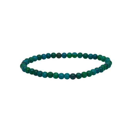 Beaded bracelet of round beads made of Chrysocolla in shades of green and blue on a white background