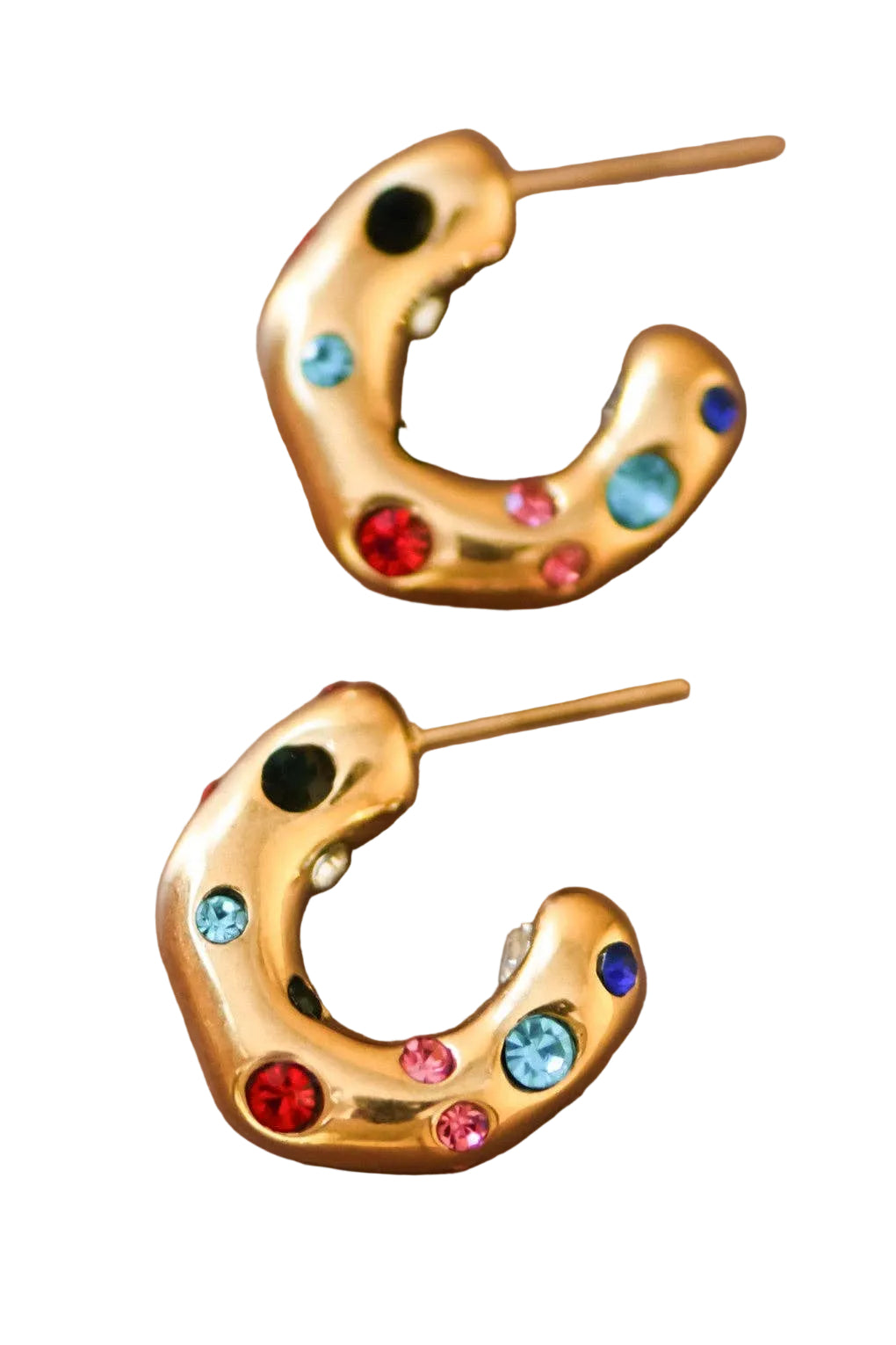 Gold hoop earrings with colorful gemstones on a brown background