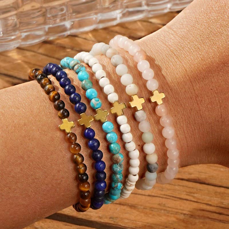 Boho Cross Natural Stone Personalized Bracelet