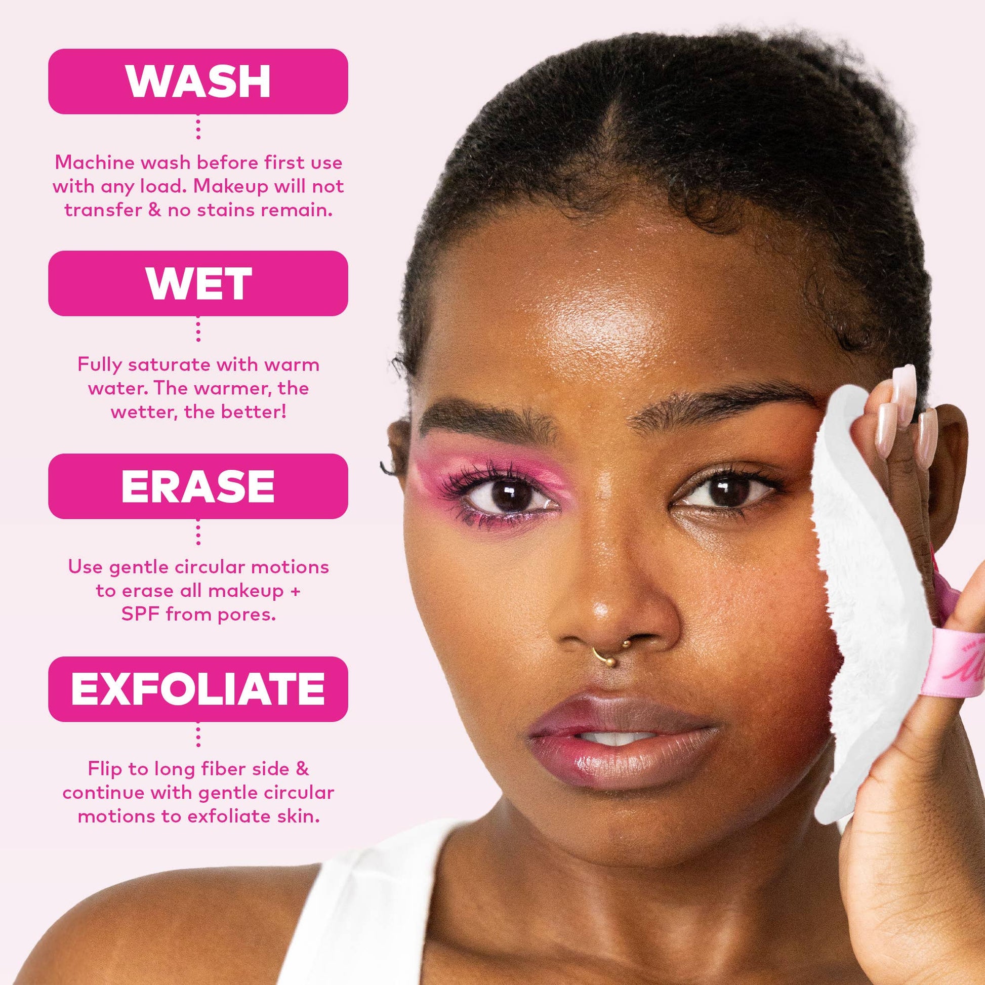Woman applying a skincare product with text instructions on a pink background