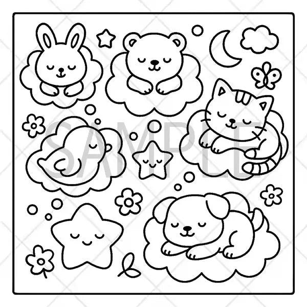 Black and white illustration of cute animals and stars on a cloud.