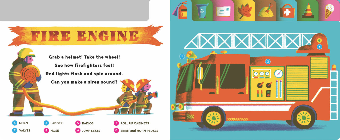 Illustration of a fire engine and firefighter with text on a colorful background