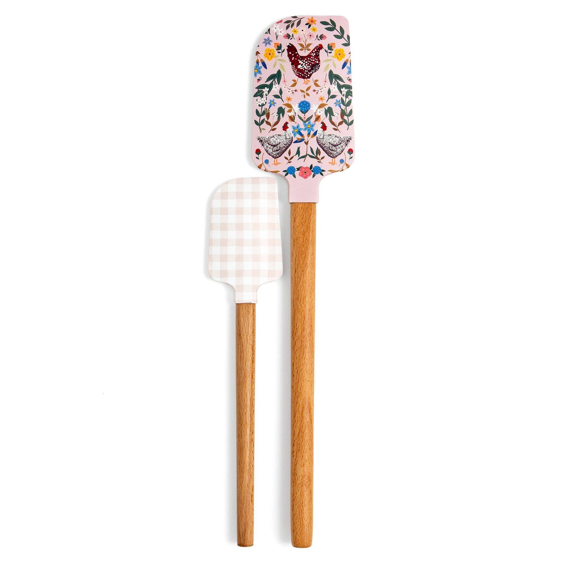 Two spatulas with wooden handles and floral designs on a white background